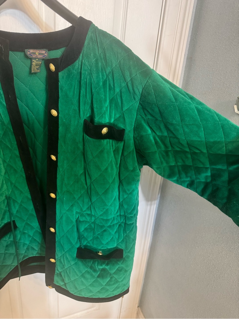 Charter Club Emerald Green Quilted Jacket with Black Trim - Picture 3 of 6